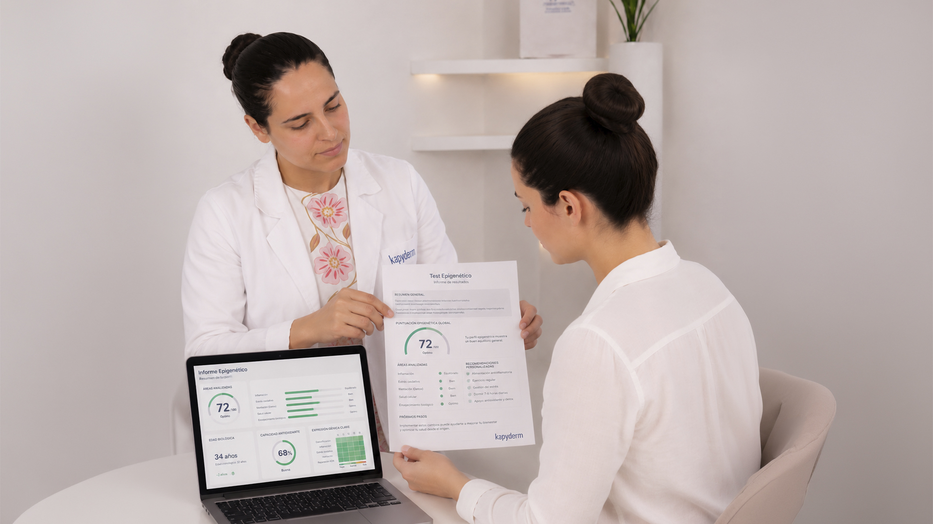 Profesional Kapyderm explicando a una cliente los resultados de su test epigenético